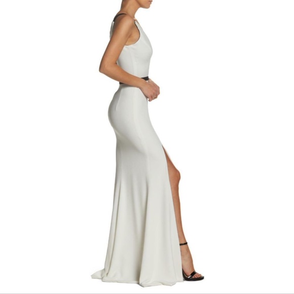 NEW DRESS THE POPULATION Off White & Black LANA Plunge Neck MERMAID Slit GOWN XL - Picture 13 of 16